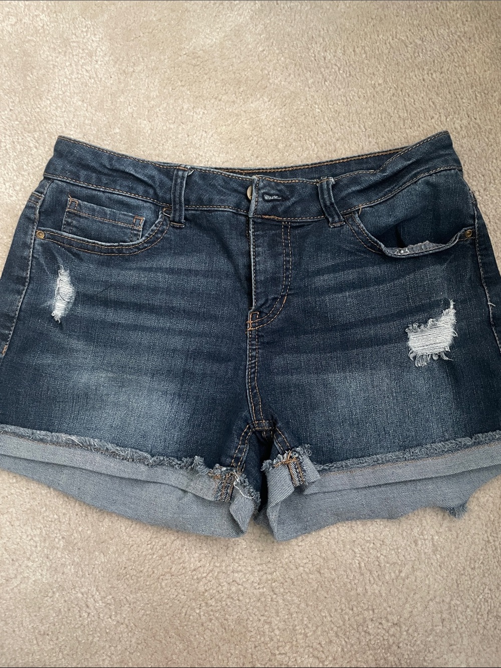 Juniors Dark Blue Distressed Denim Short Shorts